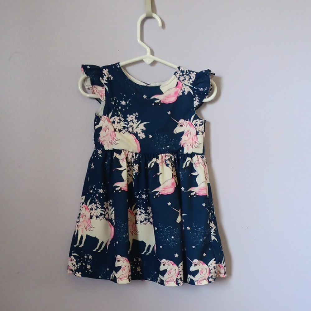 Navy Blue Unicorn Print Kids Dress